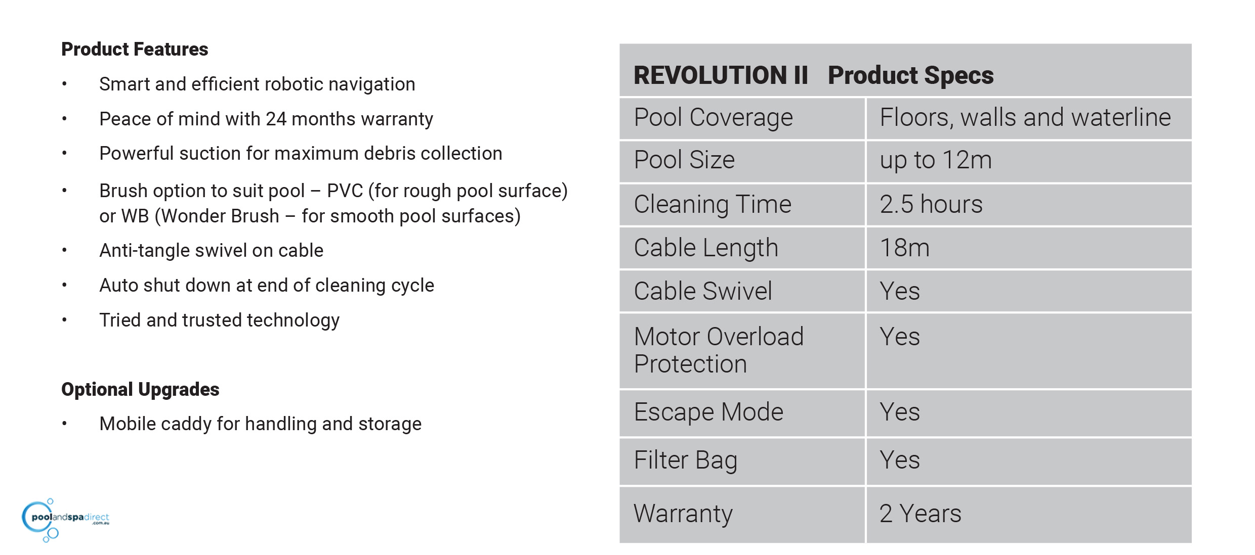 revolution-2-Pool Cleaner Specs